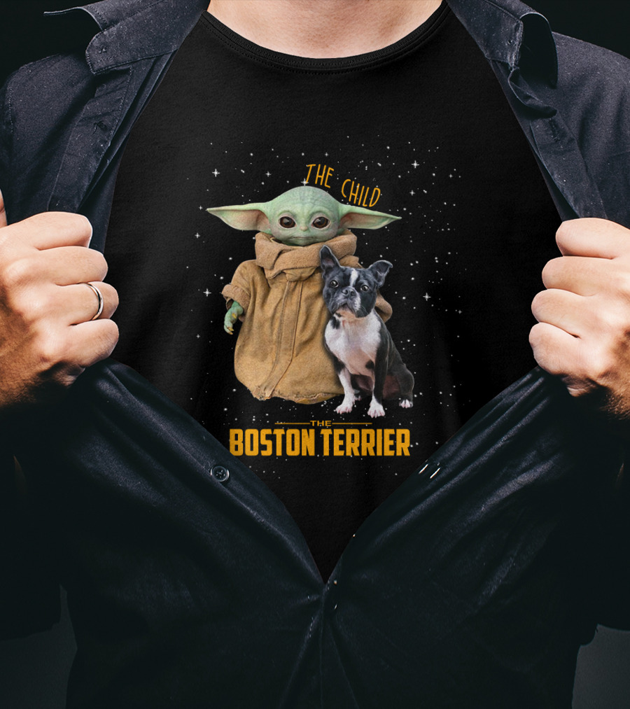 The Child Baby Yoda And Boston Terrier Duo In Space T-Shirt