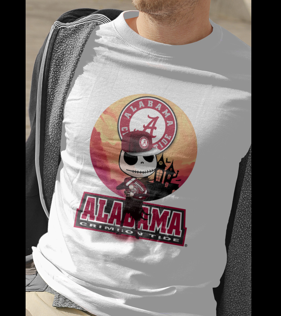 Alabama Crimson Tide Skeleton Character Holding Football In Front Of Haunted House T-Shirt