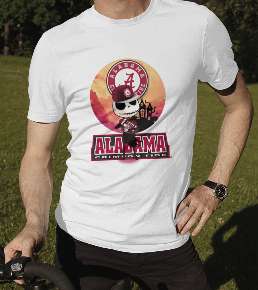 Alabama Crimson Tide Skeleton Character Holding Football In Front Of Haunted House T-Shirt