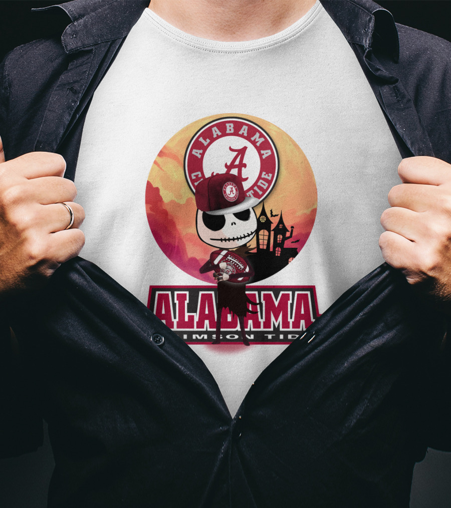 Alabama Crimson Tide Skeleton Character Holding Football In Front Of Haunted House T-Shirt