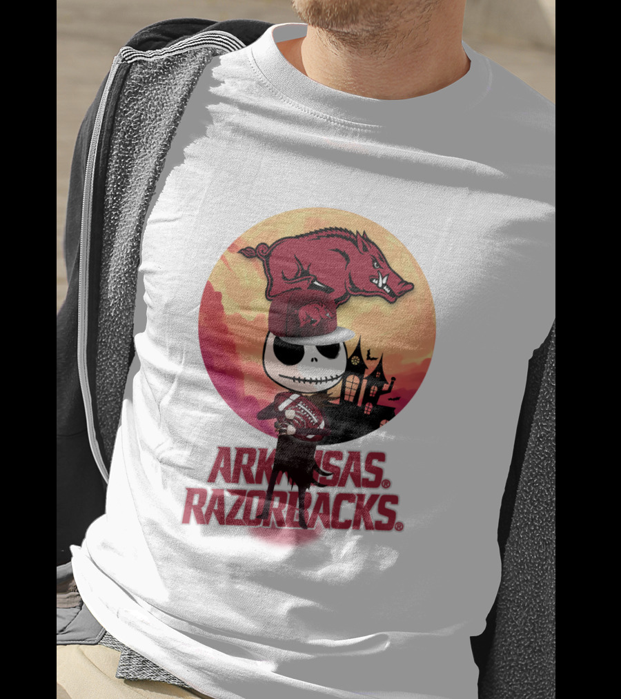 Arkansas Razorbacks Halloween Skull Character With Cap And Football T-Shirt