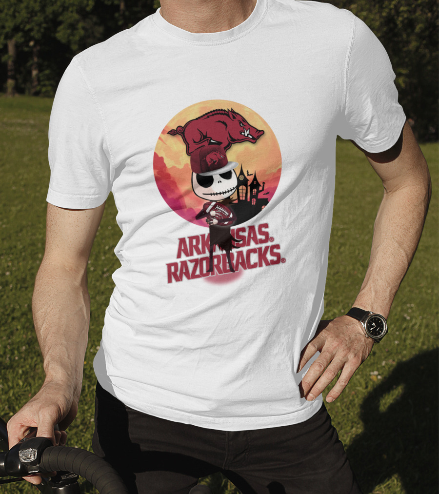 Arkansas Razorbacks Halloween Skull Character With Cap And Football T-Shirt