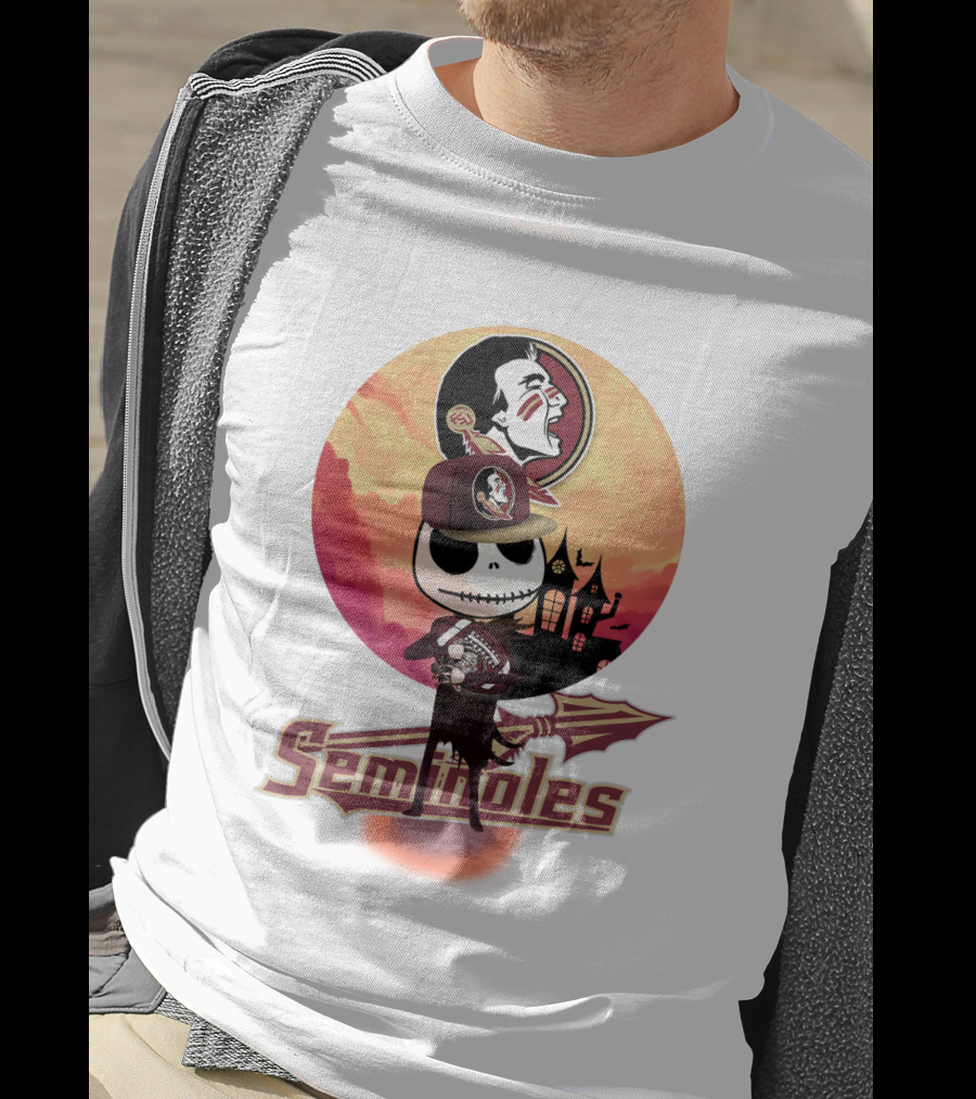 Seminoles Skeleton Character With Florida State Logo And Haunted House Scene T-Shirt