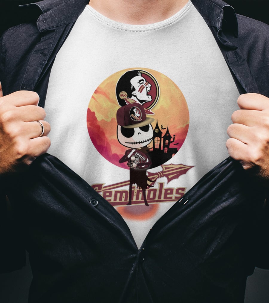 Seminoles Skeleton Character With Florida State Logo And Haunted House Scene T-Shirt