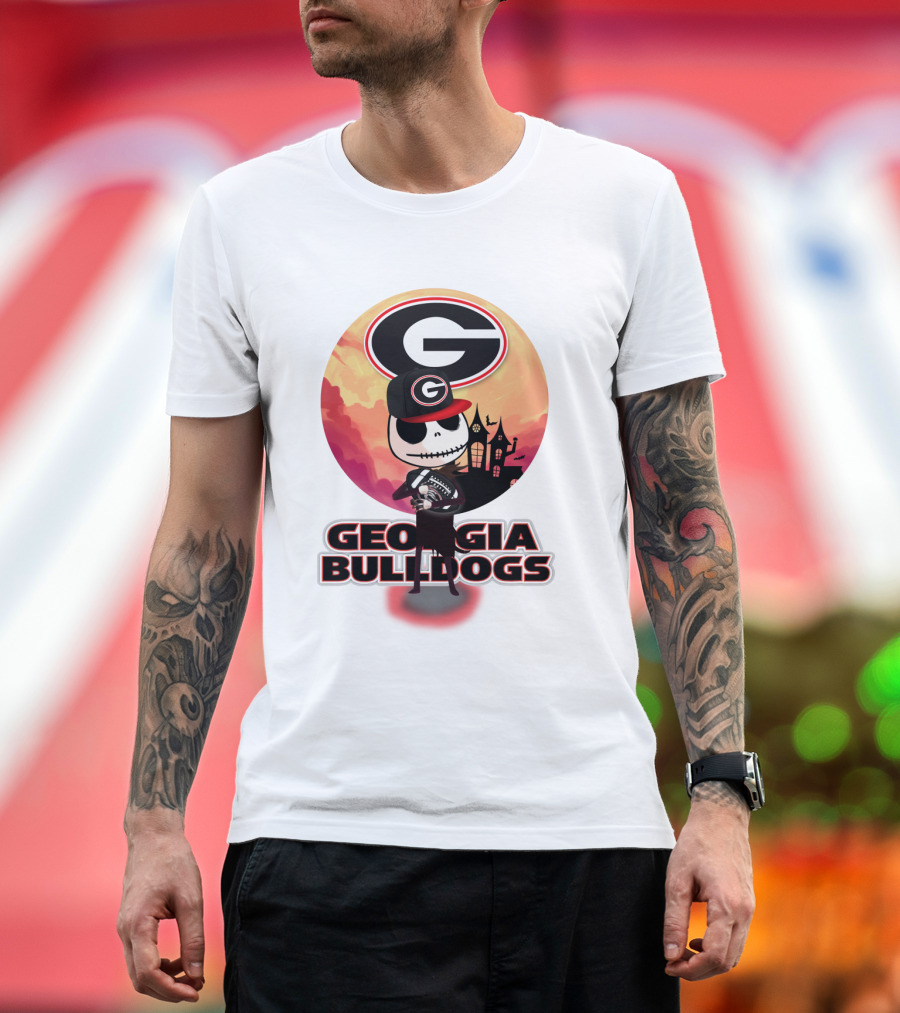 Georgia Bulldogs Skull And Football Scene With Gothic Castle T-Shirt