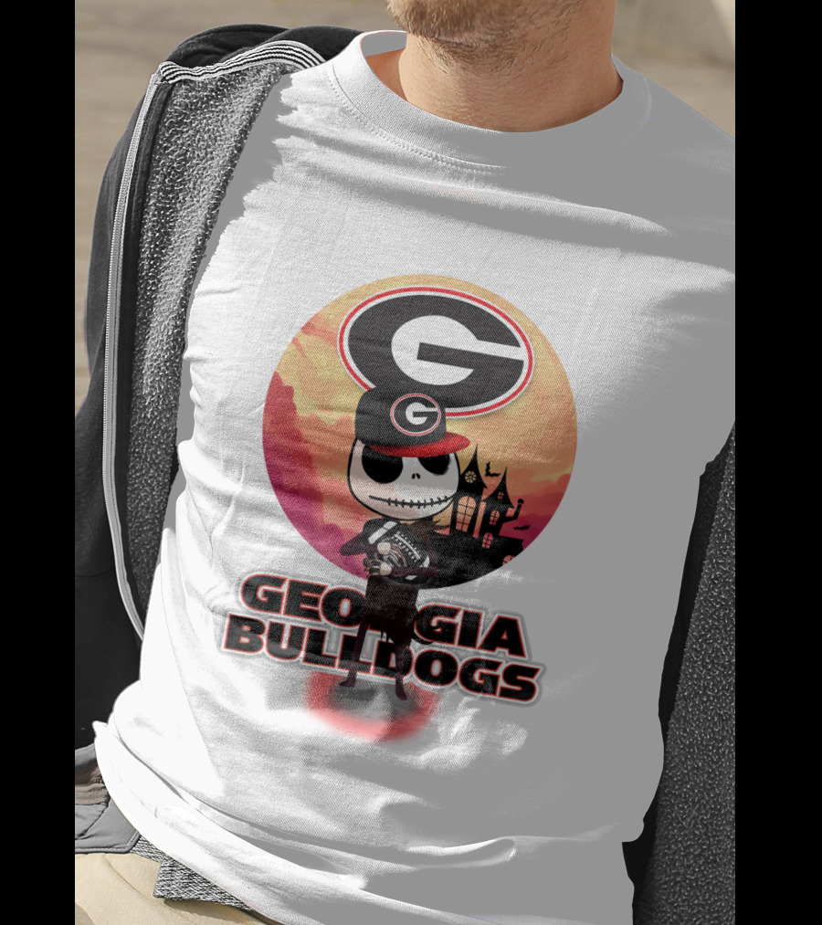 Georgia Bulldogs Skull And Football Scene With Gothic Castle T-Shirt