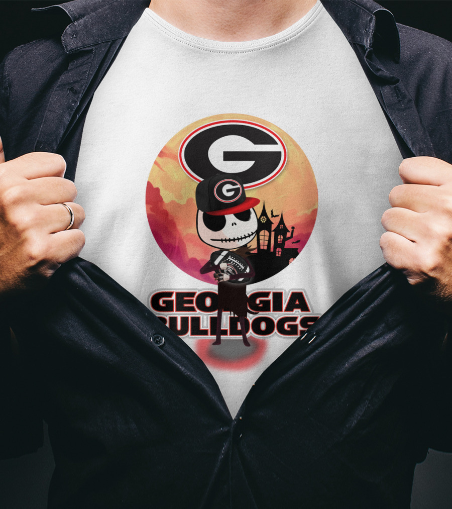Georgia Bulldogs Skull And Football Scene With Gothic Castle T-Shirt