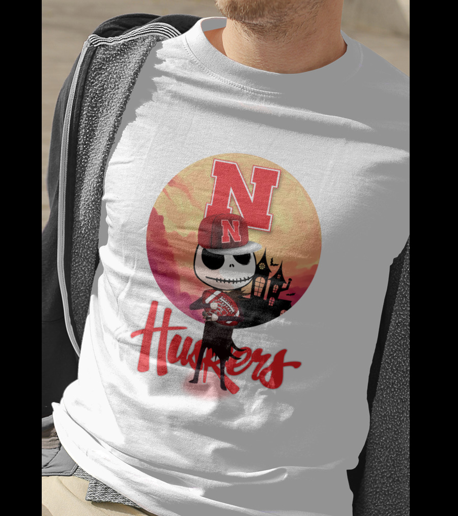 Nebraska Huskers Skeleton Character Halloween Football Scene T-Shirt