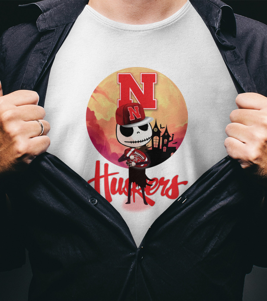 Nebraska Huskers Skeleton Character Halloween Football Scene T-Shirt