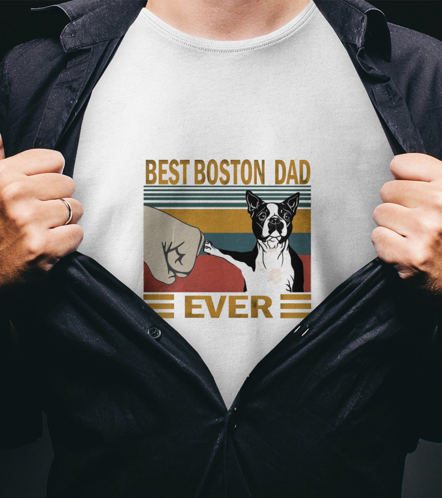 Best Boston Dad Ever Retro Style Fist Bump With Boston Terrier T-Shirt
