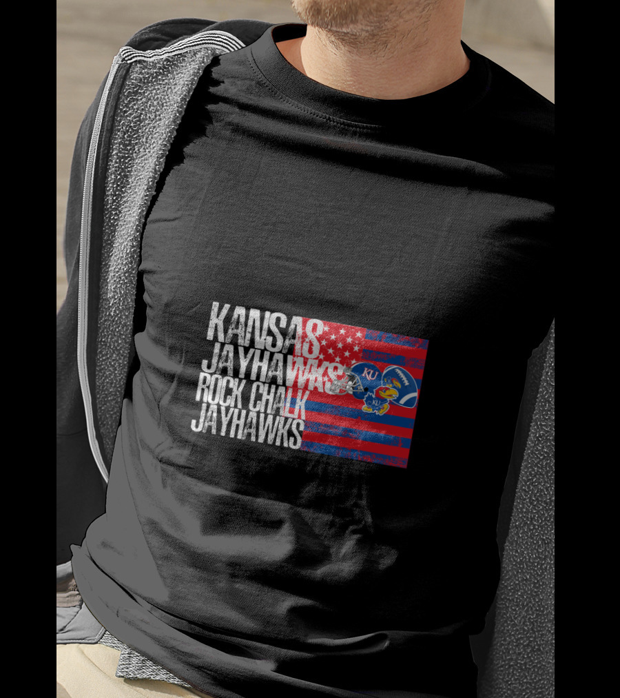 Kansas Jayhawks Rock Chalk Jayhawks Ku Football Helmet Stars And Stripes T-Shirt