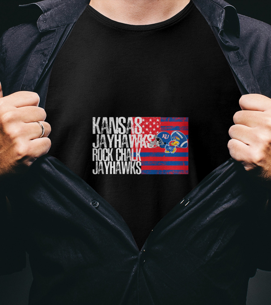 Kansas Jayhawks Rock Chalk Jayhawks Ku Football Helmet Stars And Stripes T-Shirt