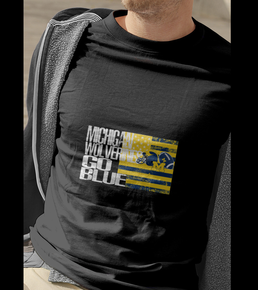 Michigan Wolverines Go Blue Football Helmet And Flag T-Shirt