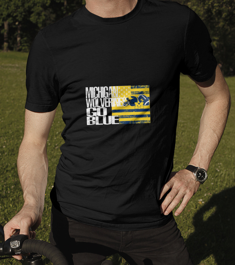 Michigan Wolverines Go Blue Football Helmet And Flag T-Shirt