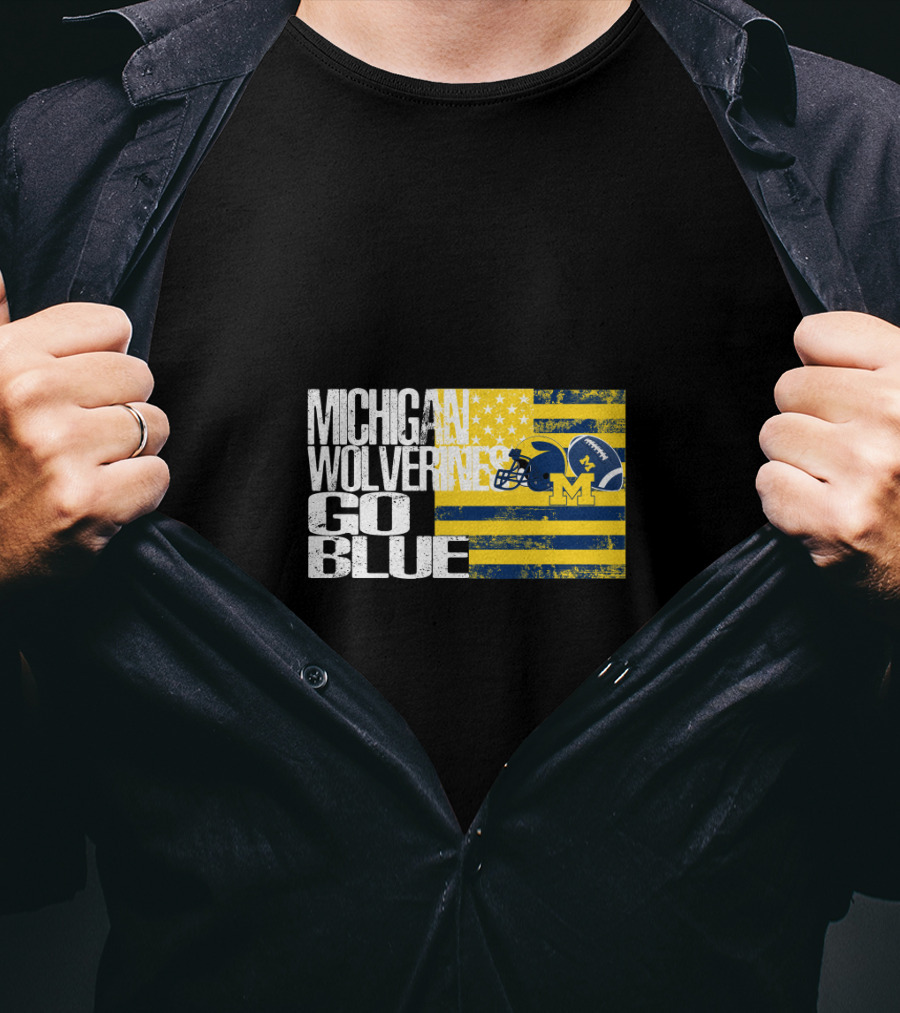 Michigan Wolverines Go Blue Football Helmet And Flag T-Shirt