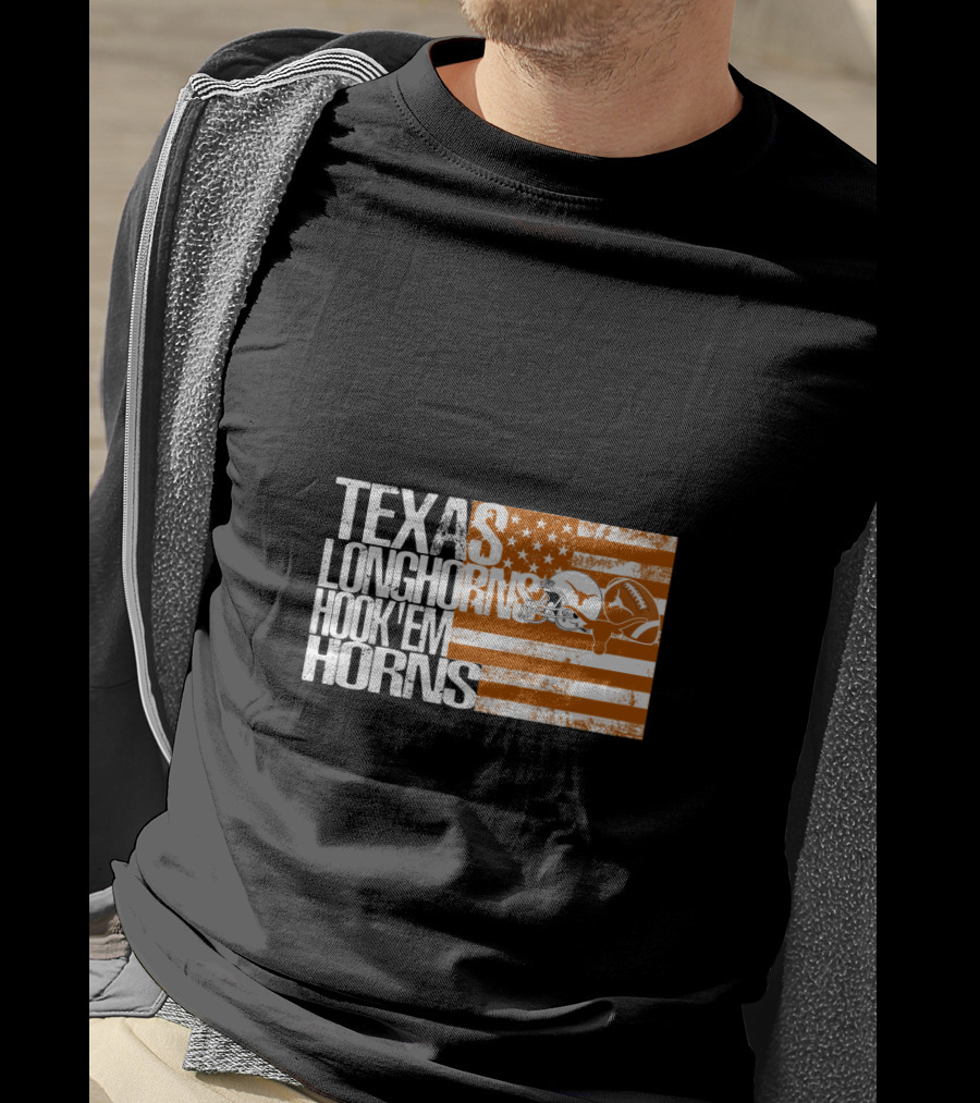 Texas Longhorns Hook 'Em Horns American Flag Football Helmet T-Shirt