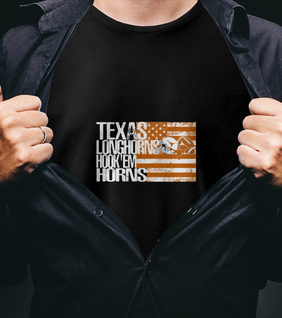 Texas Longhorns Hook 'Em Horns American Flag Football Helmet T-Shirt