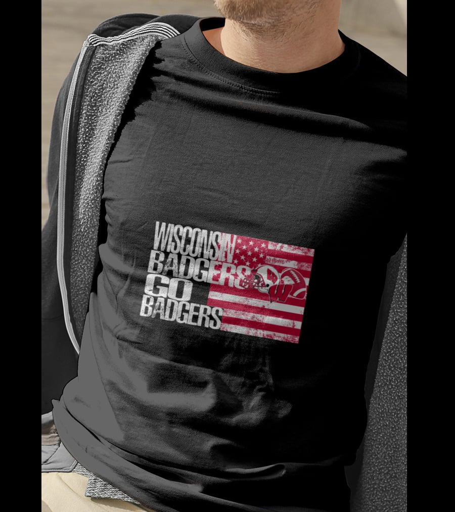 Wisconsin Badgers Go Badgers American Flag Helmet T-Shirt