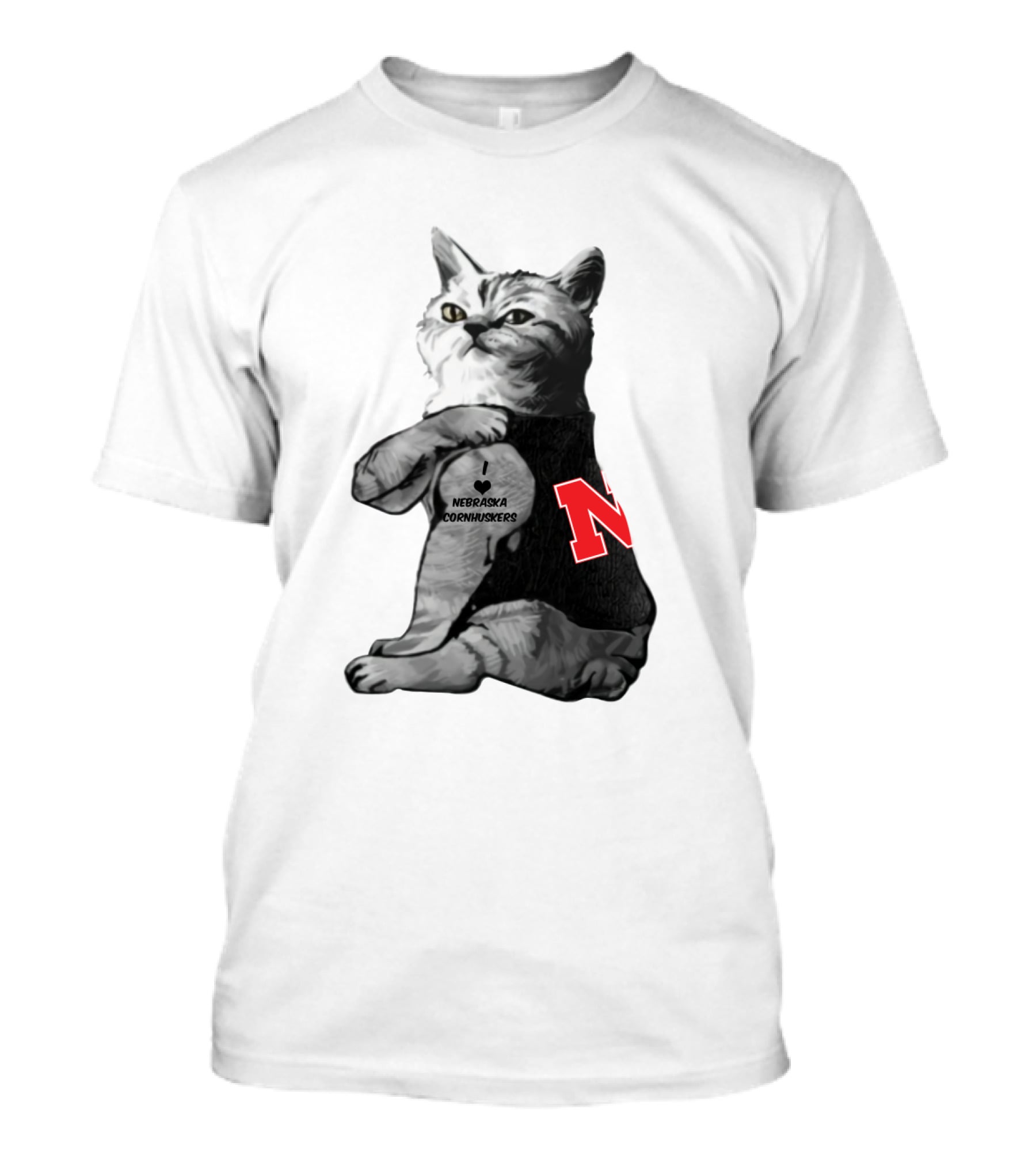 Nebraska Cornhuskers Cat Wearing Black Jersey With Red N T-Shirt