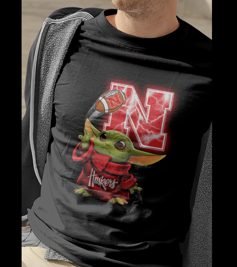 Huskers Baby Yoda Football Nebraska N T-Shirt