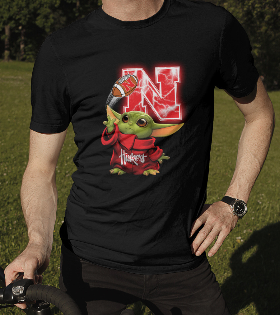 Huskers Baby Yoda Football Nebraska N T-Shirt
