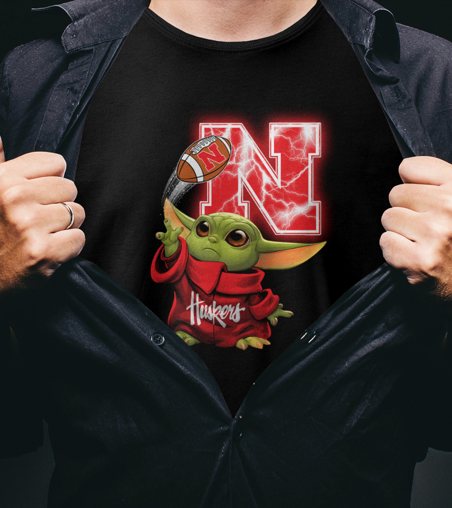 Huskers Baby Yoda Football Nebraska N T-Shirt