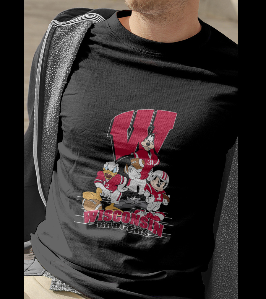 Wisconsin Badgers Donald Duck Goofy Mickey Mouse Football T-Shirt