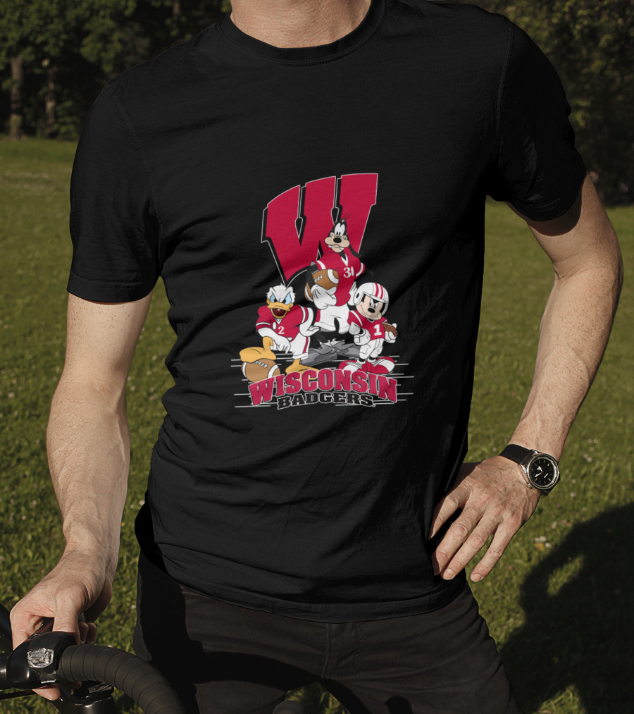Wisconsin Badgers Donald Duck Goofy Mickey Mouse Football T-Shirt