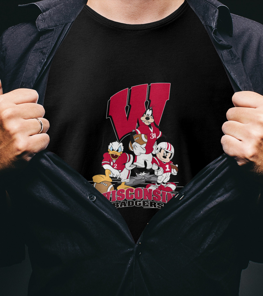 Wisconsin Badgers Donald Duck Goofy Mickey Mouse Football T-Shirt