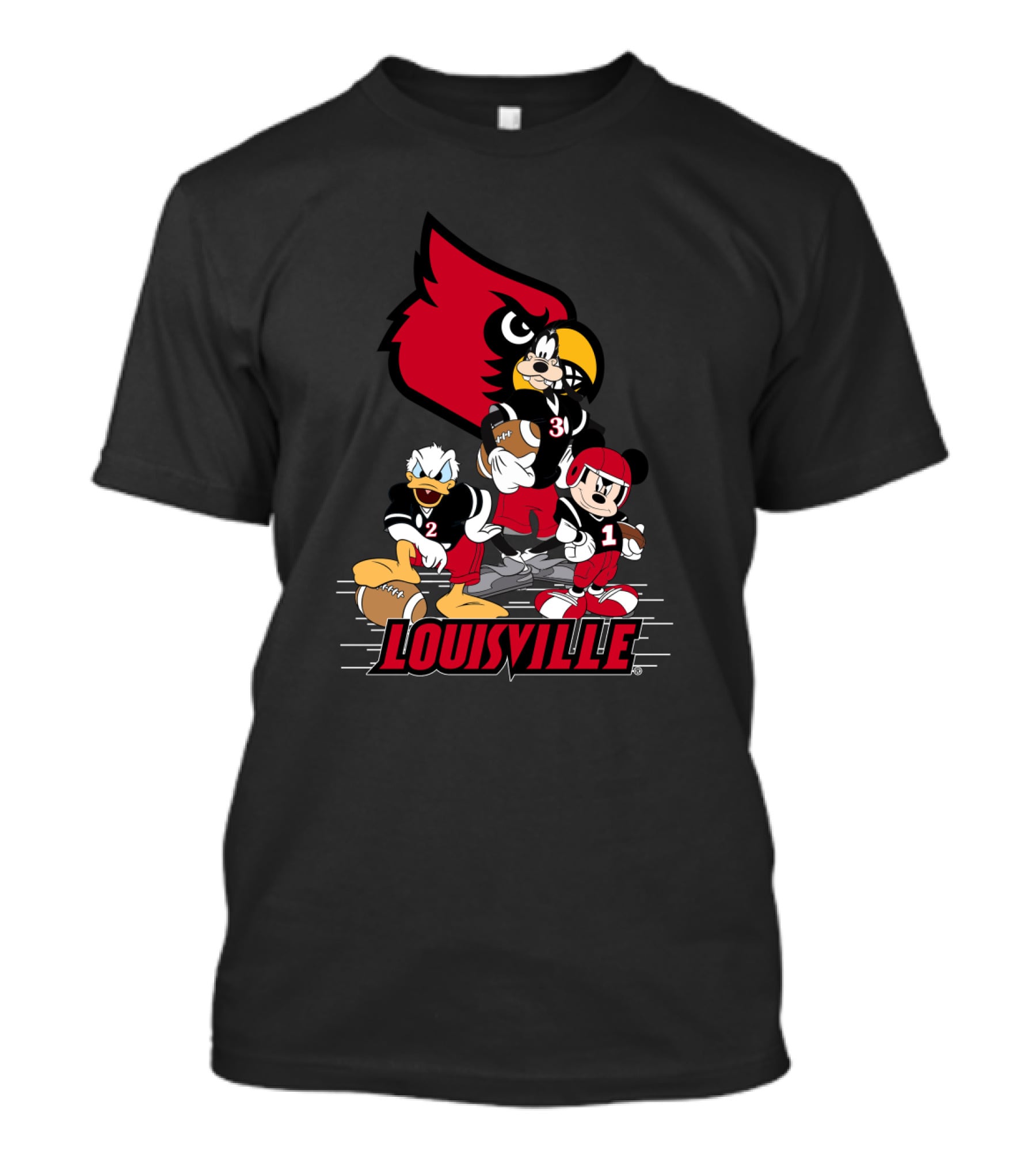 Louisville Cardinals Disney Characters Mickey Donald Goofy Football T-Shirt