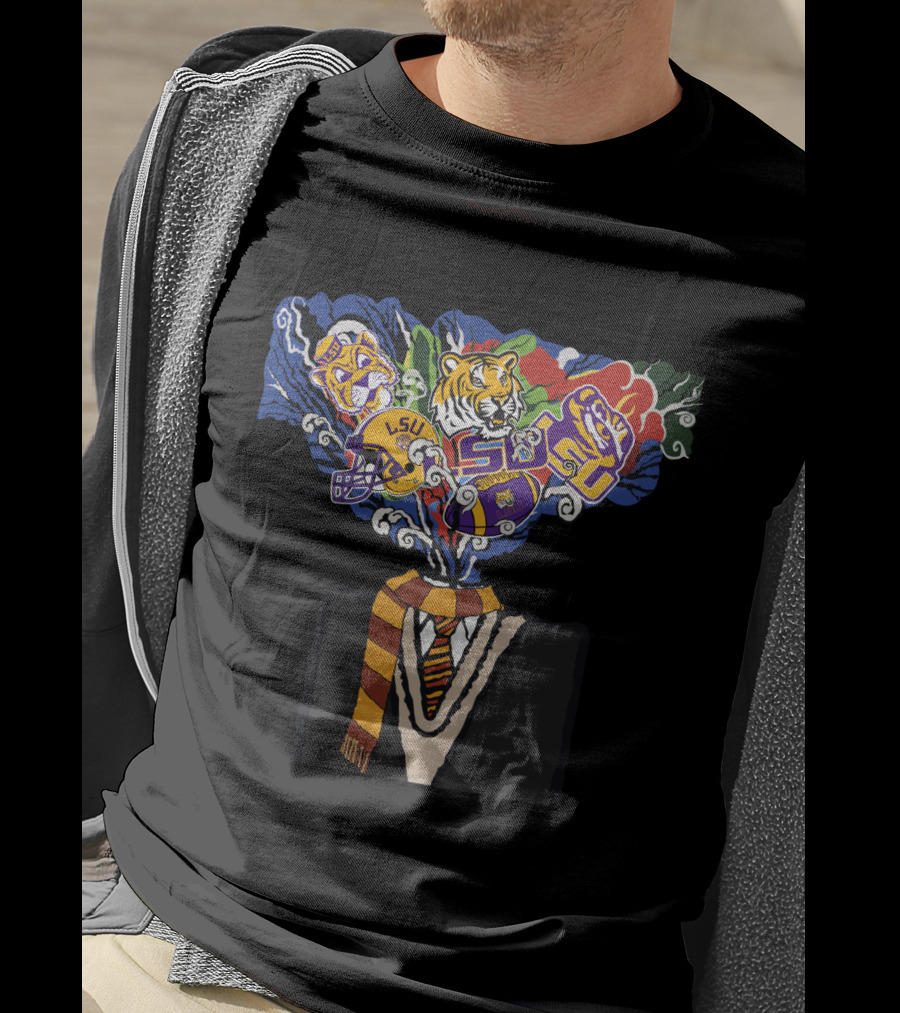 Lsu Tigers Football Helmet And Face Design With Striped Scarf T-Shirt