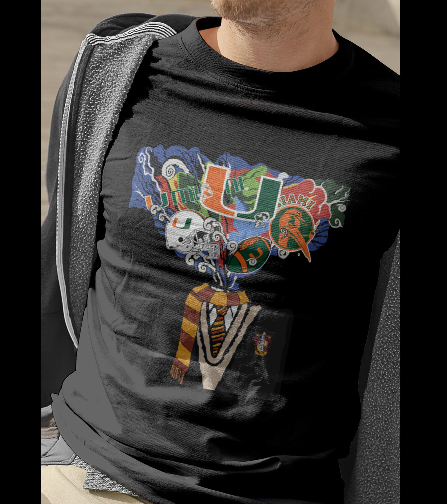 University Of Miami U Logo With Football And Gryffindor Sweater And Scarf T-Shirt