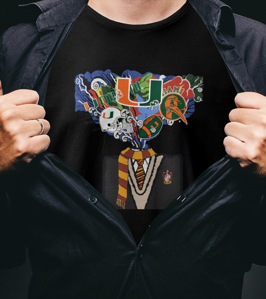 University Of Miami U Logo With Football And Gryffindor Sweater And Scarf T-Shirt