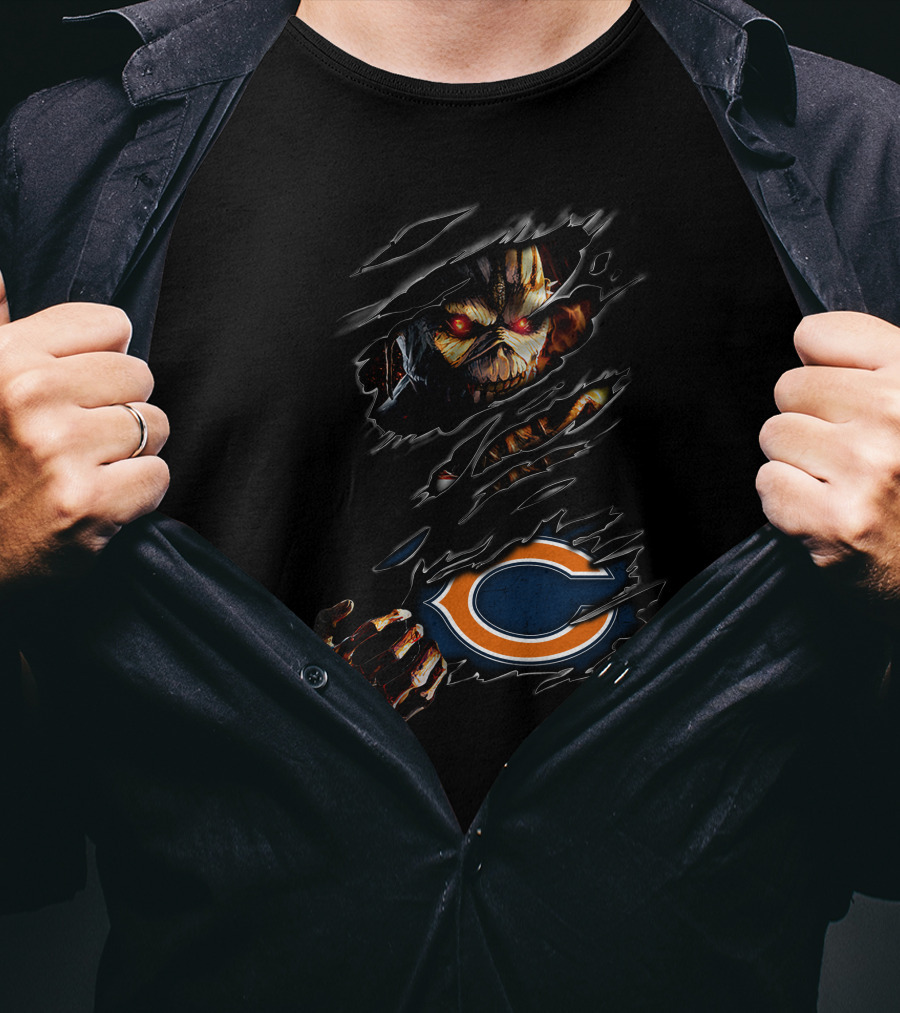 Chicago Bears Halloween Horror Claw Rips With Scary Monster Face T-Shirt