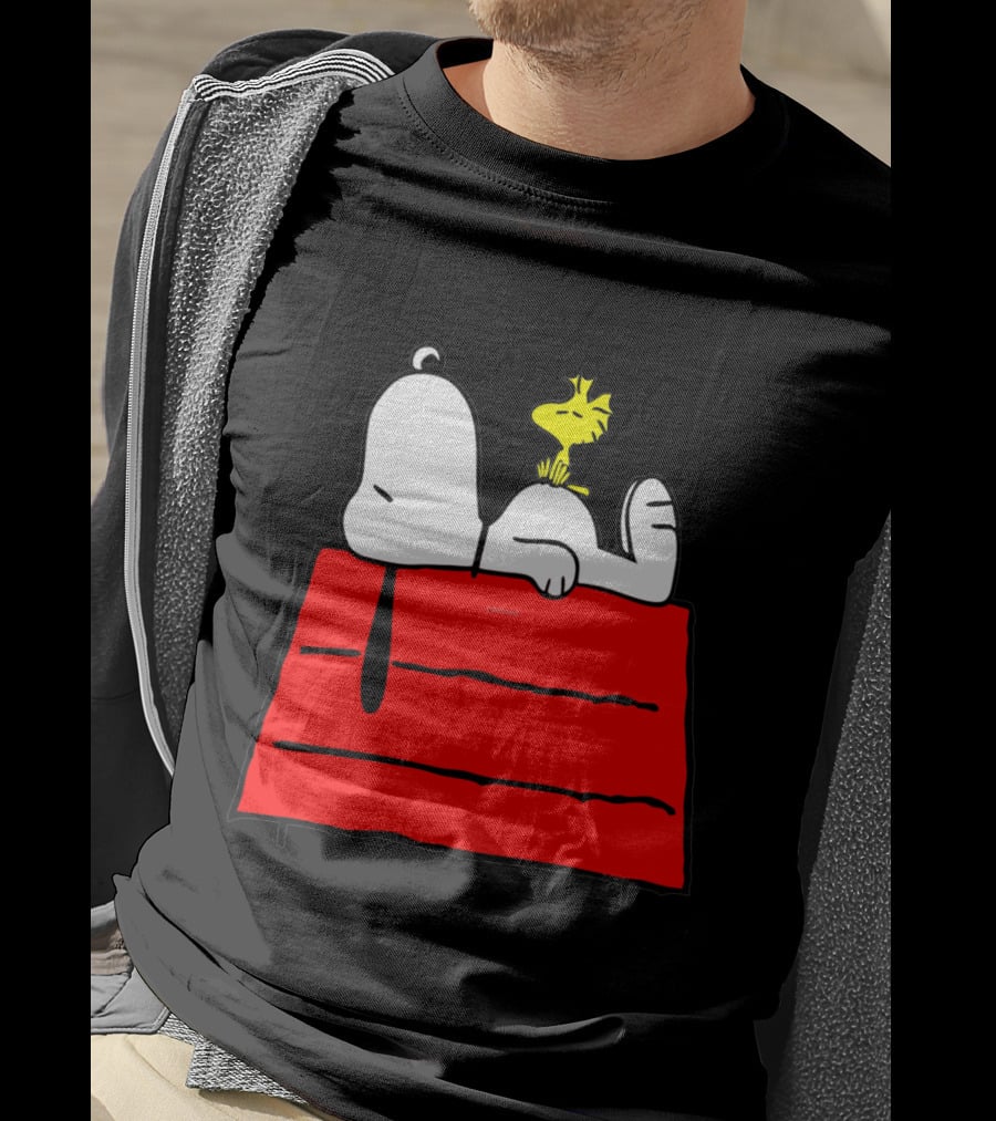 Snoopy Sleeping On Red Doghouse With Woodstock T-Shirt