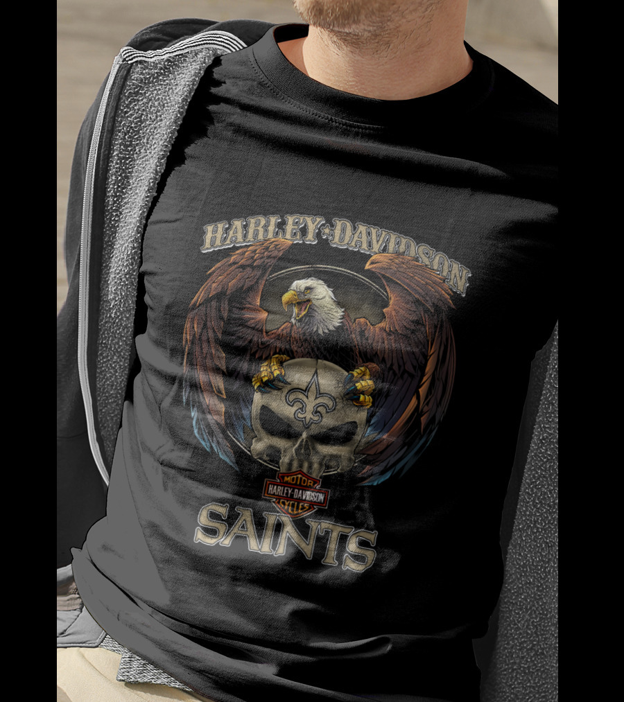 Harley Davidson Motor Cycles Saints New Orleans Skull Eagle T-Shirt