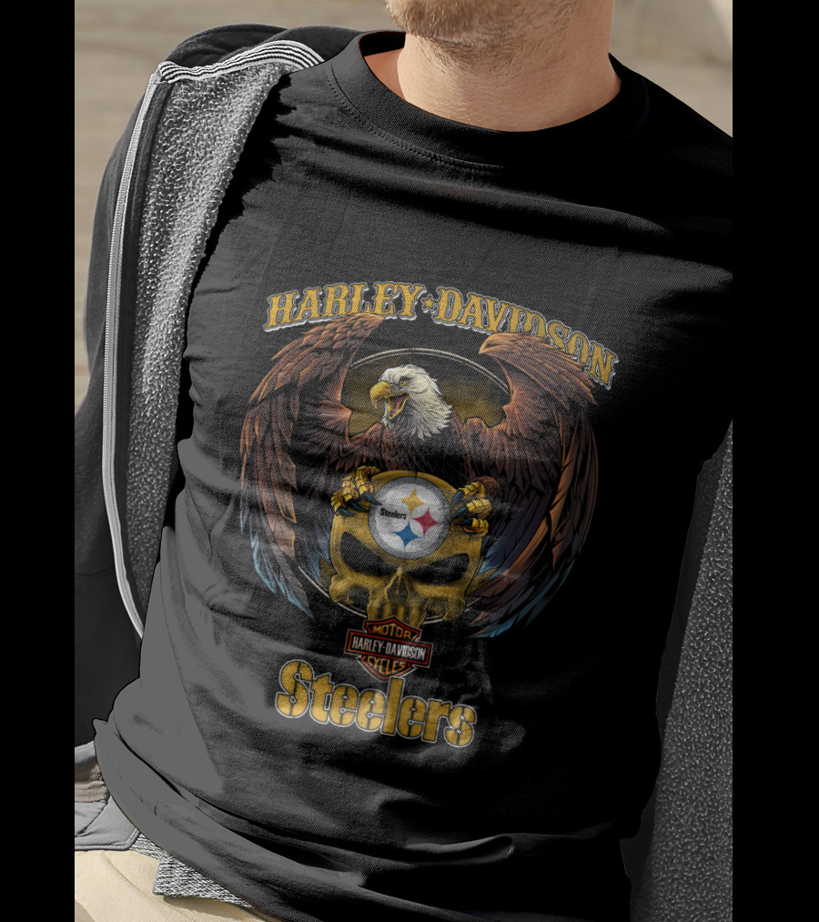 Harley Davidson Motor Cycles Eagle Skull Pittsburgh Steelers T-Shirt