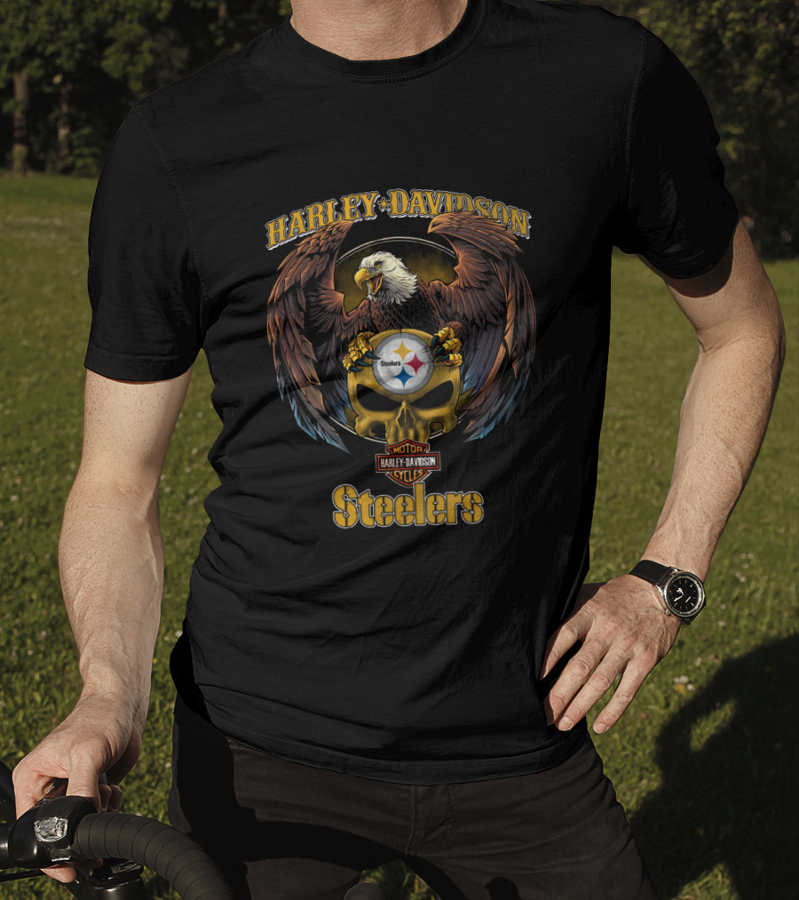 Harley Davidson Motor Cycles Eagle Skull Pittsburgh Steelers T-Shirt