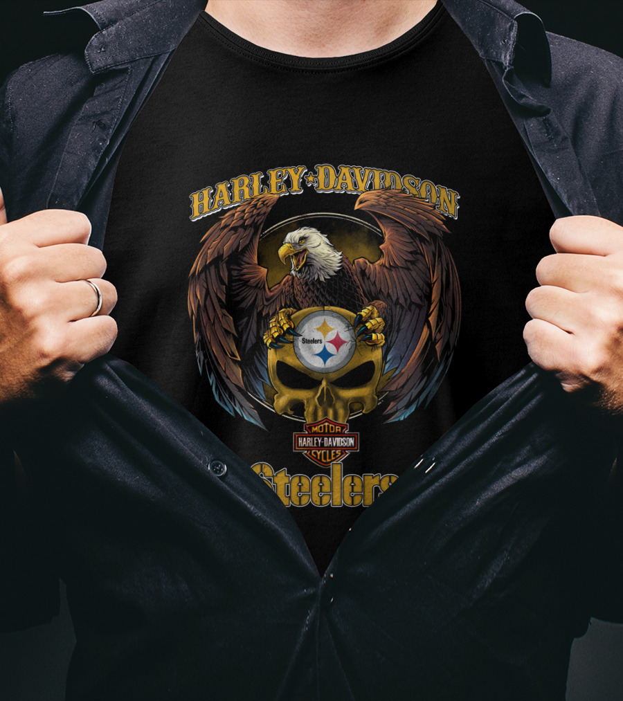 Harley Davidson Motor Cycles Eagle Skull Pittsburgh Steelers T-Shirt
