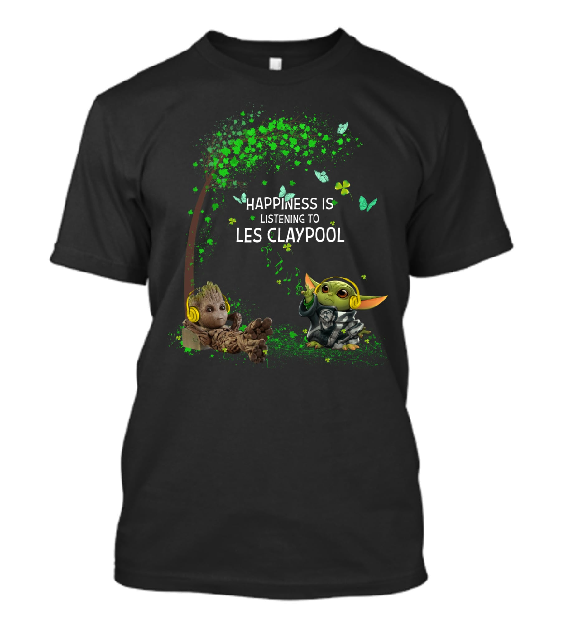 Happiness Is Listening To Les Claypool Featuring Cute Characters With Headphones And Green Butterfly Tree T-Shirt