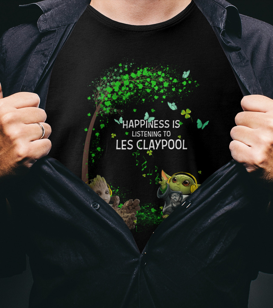 Happiness Is Listening To Les Claypool Featuring Cute Characters With Headphones And Green Butterfly Tree T-Shirt