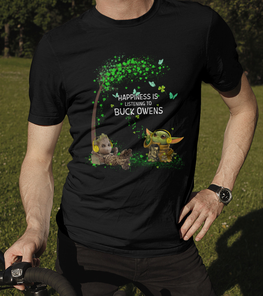 Happiness Is Listening To Buck Owens With Cute Tree Creature And Yoda-Like Alien T-Shirt