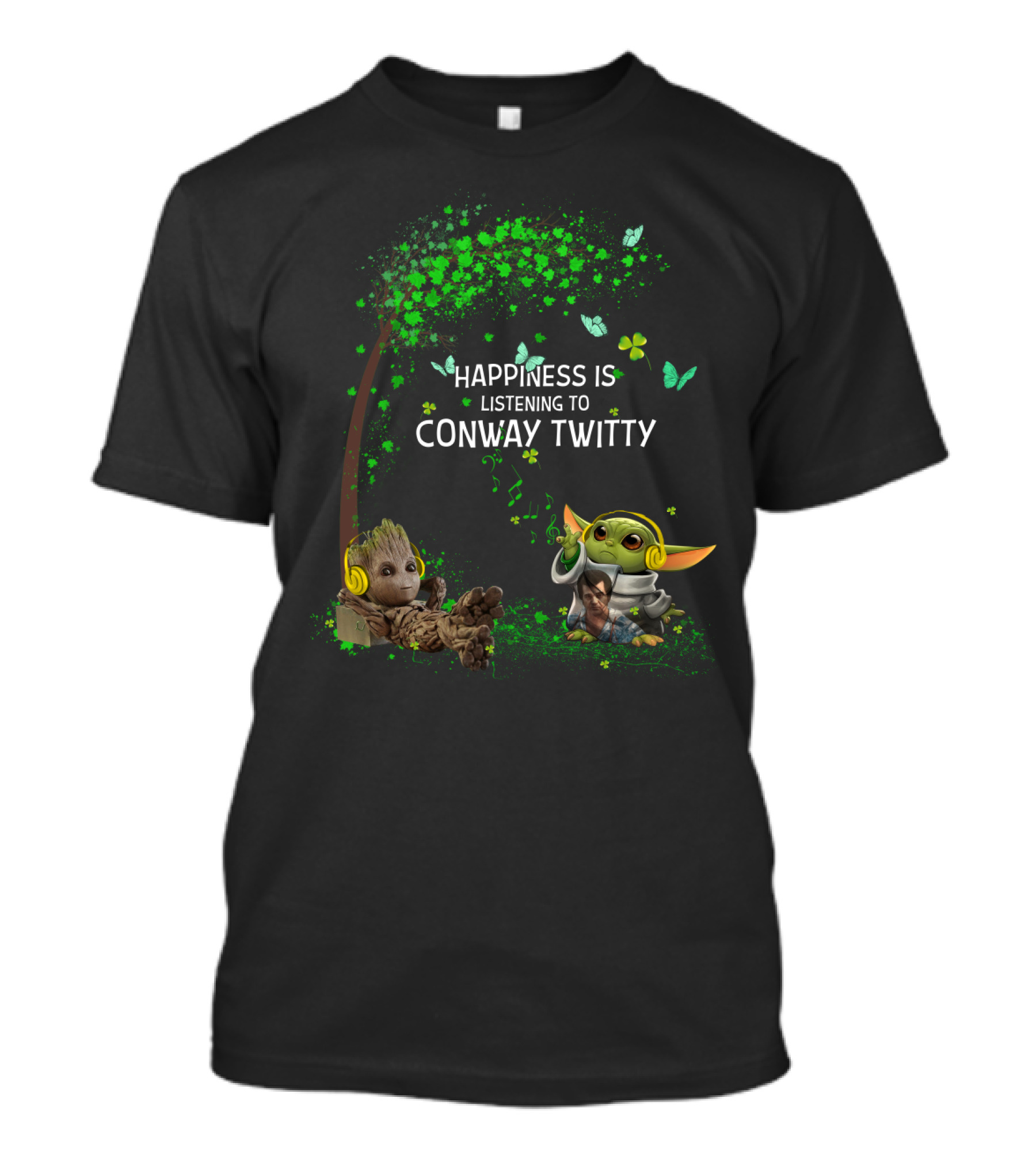 Happiness Is Listening To Conway Twitty Featuring Baby Groot And Baby Yoda T-Shirt