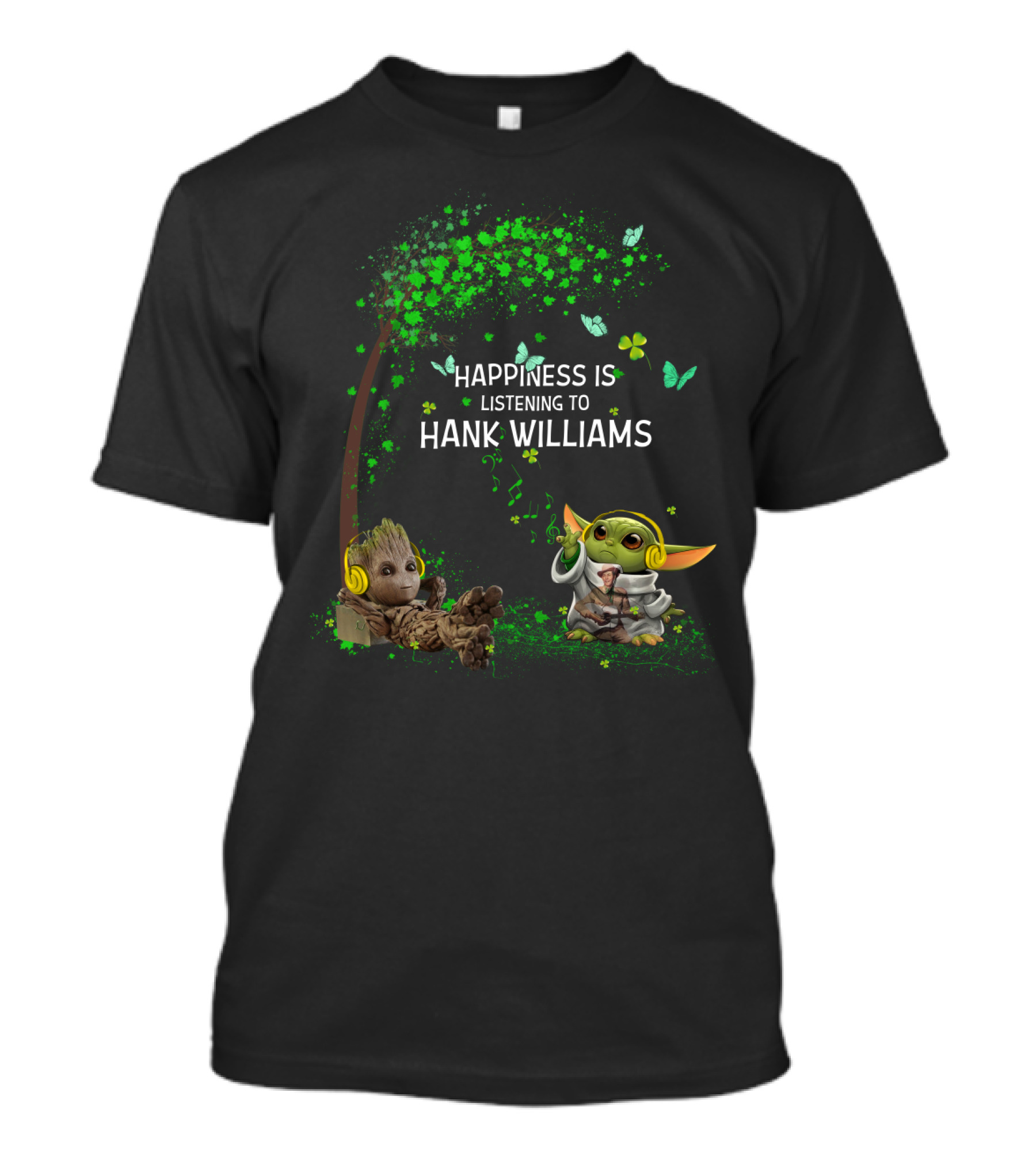 Happiness Is Listening To Hank Williams With Cute Groot And Baby Alien Character Under Tree T-Shirt