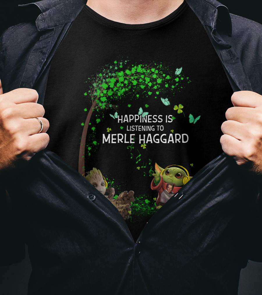 Happiness Is Listening To Merle Haggard With Headphone Characters And Green Leaves T-Shirt