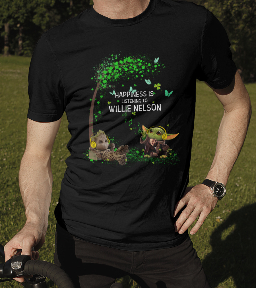 Happiness Is Listening To Willie Nelson With Baby Groot And Baby Yoda T-Shirt