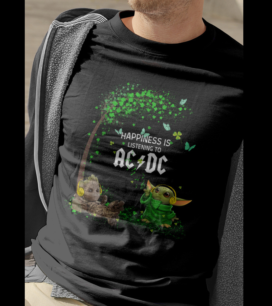 Happiness Is Listening To Ac/Dc Groot Baby Yoda Collaboration T-Shirt