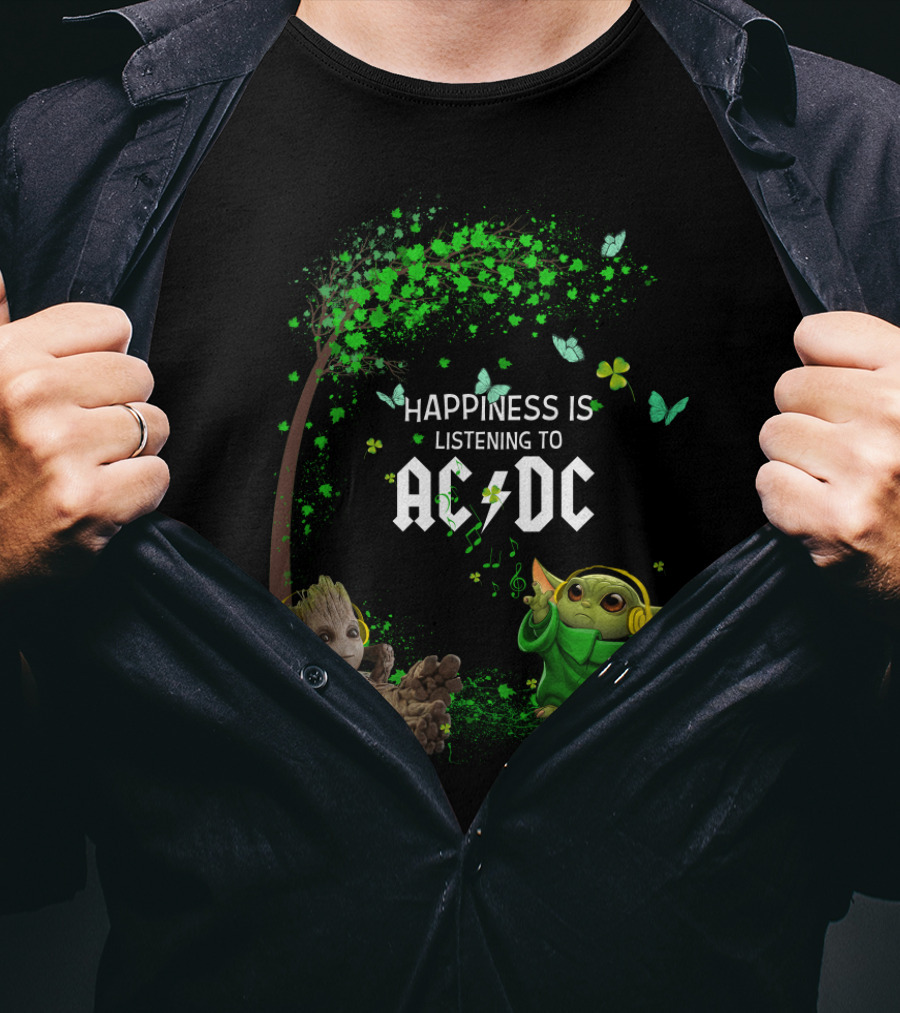 Happiness Is Listening To Ac/Dc Groot Baby Yoda Collaboration T-Shirt