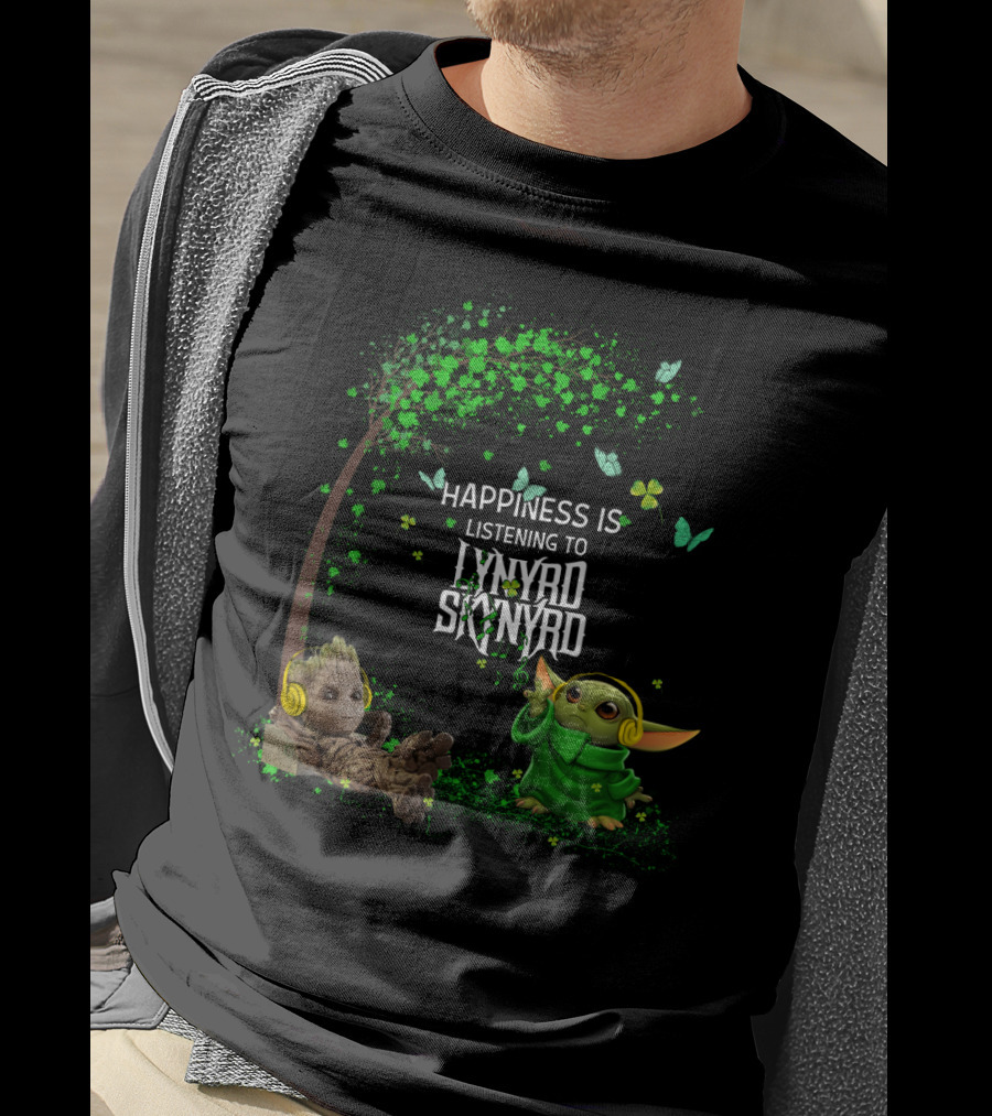 Happiness Is Listening To Lynyrd Skynyrd With Groot And Baby Yoda Under Tree With Butterflies T-Shirt