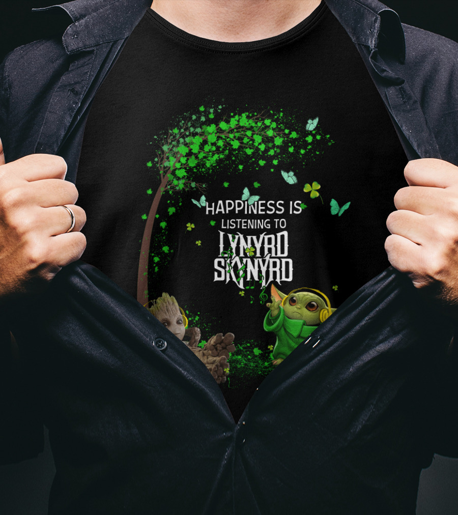 Happiness Is Listening To Lynyrd Skynyrd With Groot And Baby Yoda Under Tree With Butterflies T-Shirt